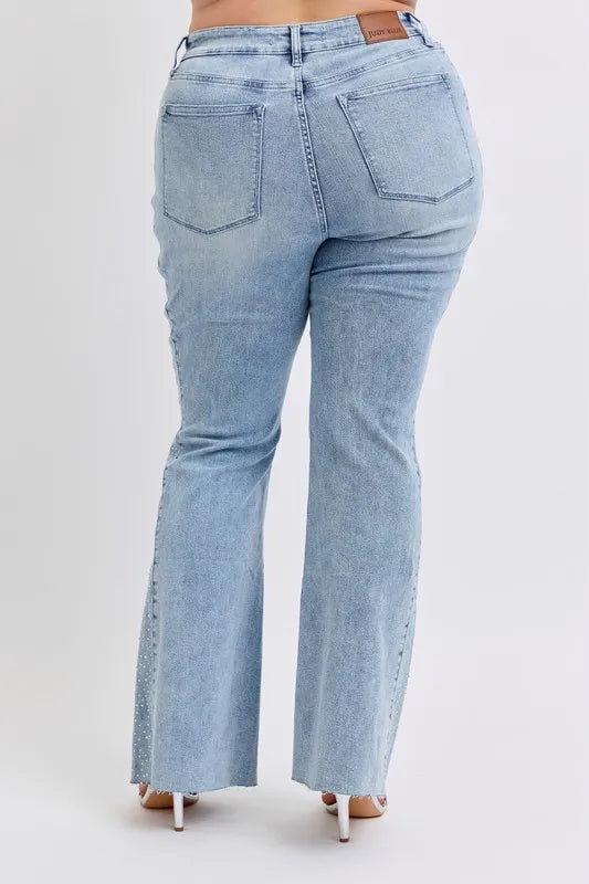 Judy Blue Full Size Midi Rise Rhinestone Side Panel Detail Flare Jeans Plus Size - Tigbul's Variety Fashion Shop