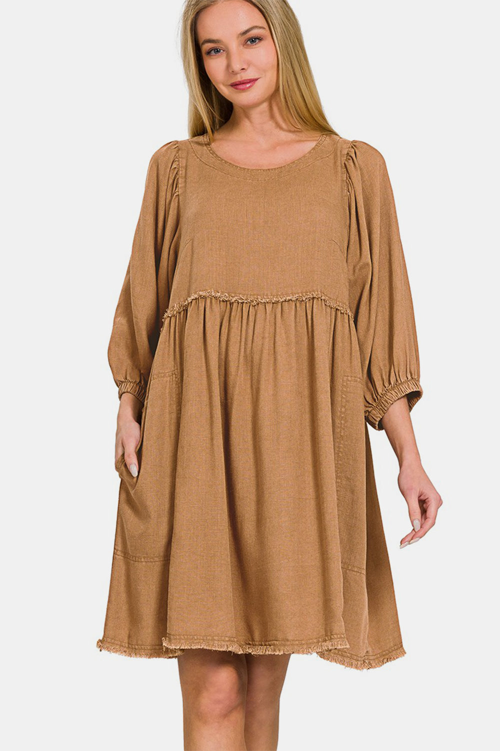 Washed Linen Pleated Puff Sleeve Babydoll Dress - Tigbul's Variety Fashion Shop