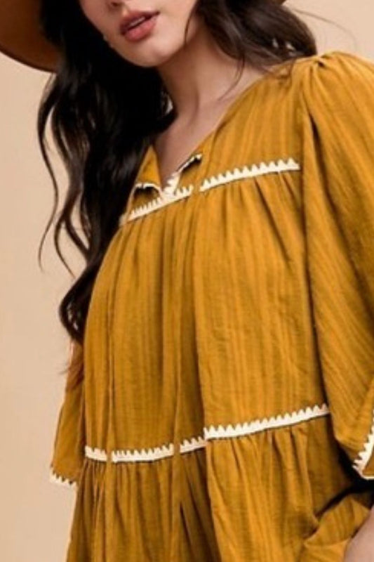 Tassel Contrast Trim Tie Neck Half Sleeve Tiered Dress - Tigbul's Variety Fashion Shop