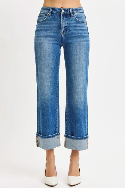 RISEN Mid Rise Crop Straight Cuffed Jeans - Tigbul's Variety Fashion Shop