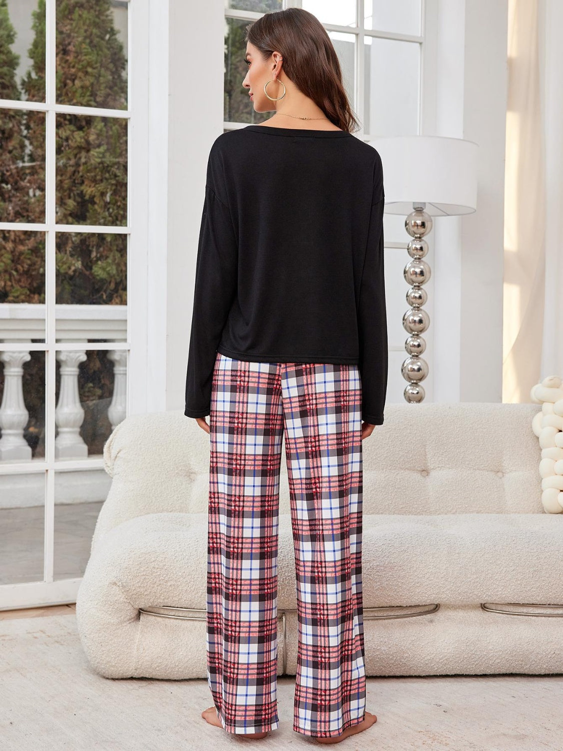 Round Neck Long Sleeve Top and Plaid Pants Lounge Set - Tigbul's Variety Fashion Shop