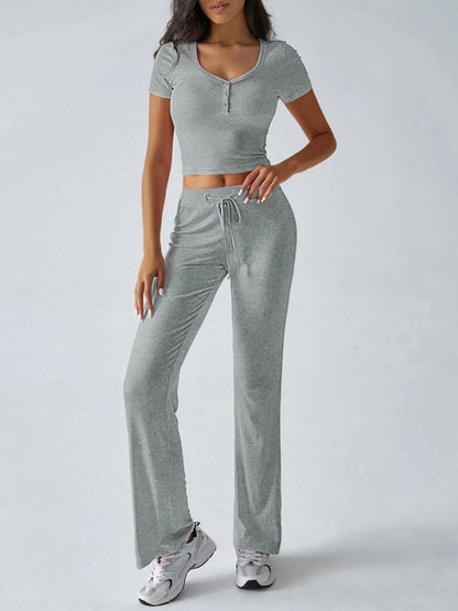 Casual Ribbed Short Sleeve Top and Pants Set - Tigbul's Variety Fashion Shop