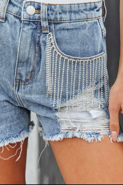Rhinestone Fringe Distressed Denim Shorts - Tigbul's Variety Fashion Shop