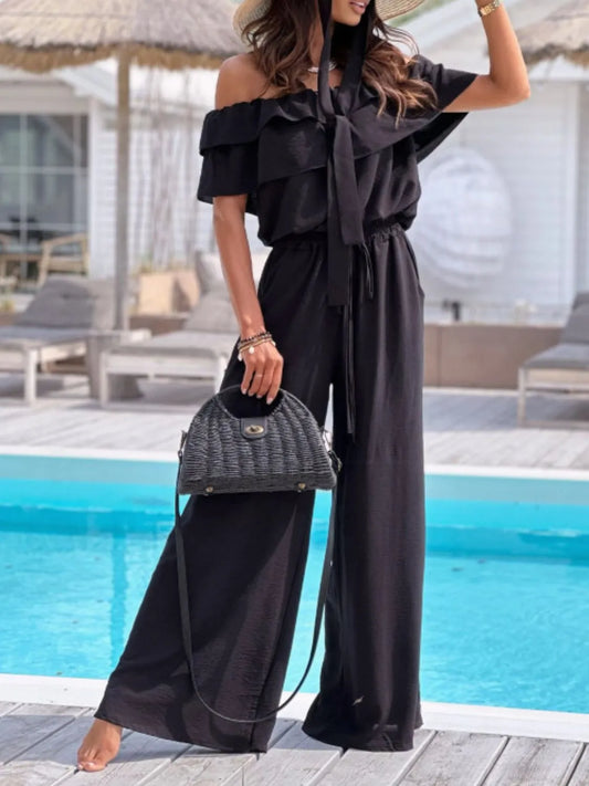 Off-Shoulder Ruffled Wide Leg Jumpsuit - Tigbul's Variety Fashion Shop