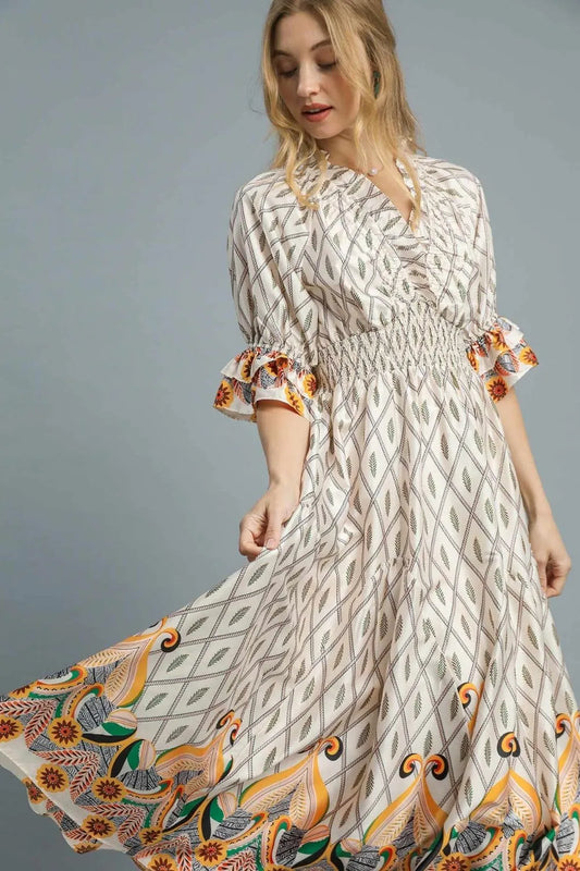 Umgee Printed Smocked Waist Flounce Sleeve Midi Dress - Tigbul's Variety Fashion Shop