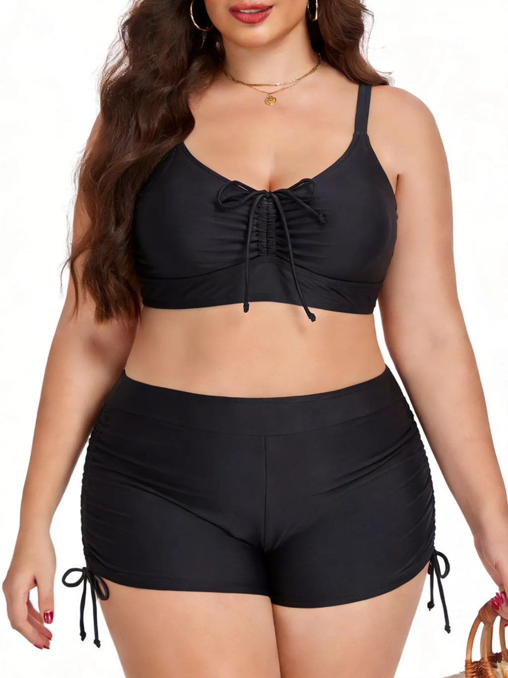 Plus Size ruched swim set, black bikini top with drawstring and matching shorts