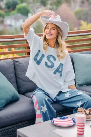 USA Letter Patchwork White French Terry Top Women's | Tigbuls Fashion