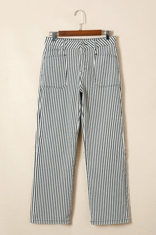 Stripe denim high-waist jeans with patch pockets, black-and-white stripes