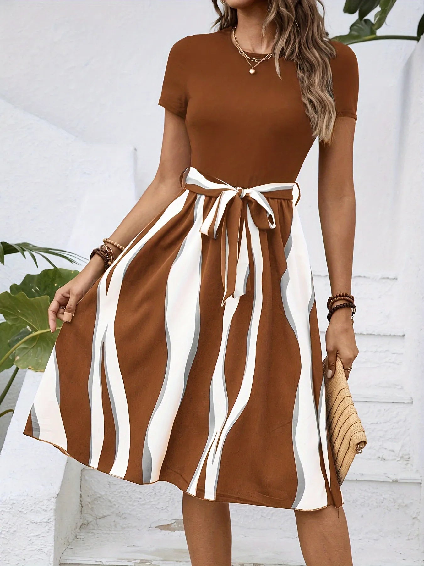 Striped Short Sleeve Tie Waist Dress - Tigbul's Variety Fashion Shop