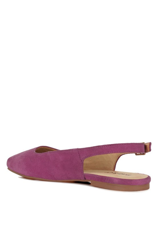 Fuchsia suede slingback flats, side view with square toe and buckle closure
