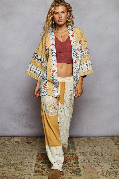 POL Raw Edge Open Front Patchwork Cardigan with Floral Trim - Tigbul's Variety Fashion Shop