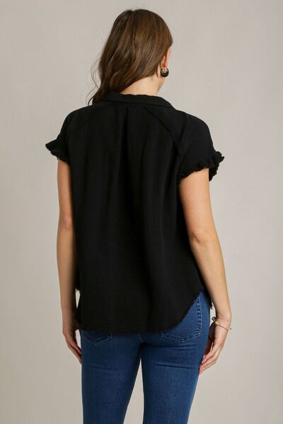Black Frayed Hem Collared Neck Short Sleeve Shirt - Tigbul's Variety Fashion Shop
