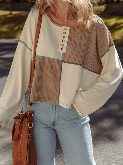 Color Block Waffle Knit Stitch Detail Long Sleeve Top - Tigbul's Variety Fashion Shop