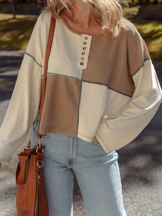 Color Block Waffle Knit Stitch Detail Long Sleeve Top - Tigbul's Variety Fashion Shop