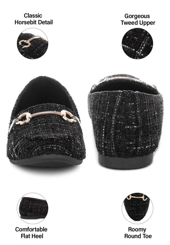 Schwarze Tweed-Loafers: Horsebit-Detail, flacher Absatz, runde Zehenform