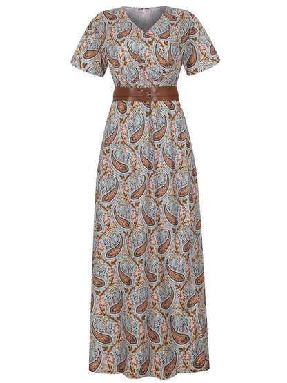 Full Size Printed V-Neck Short Sleeve Maxi Dress Plus Size - Tigbul's Variety Fashion Shop