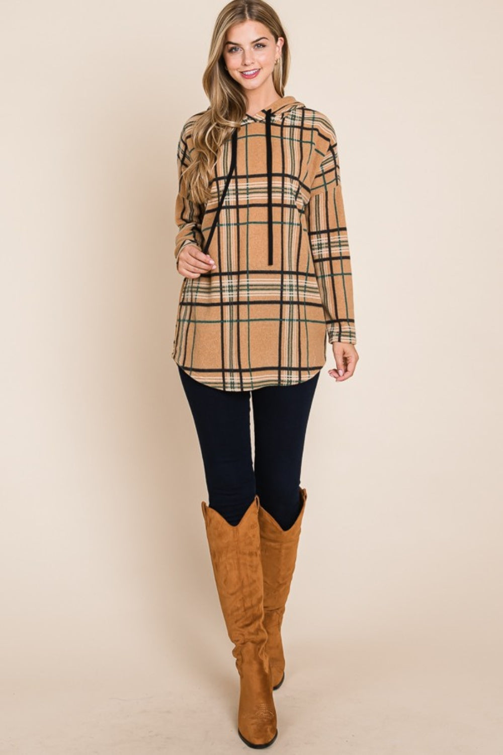 Plaid Long Sleeve Hoodie in Taupe - Tigbul's Variety Fashion Shop