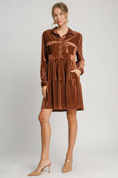 Copper Texture Tiered Collared Long Sleeve Dress - Tigbul's Variety Fashion Shop