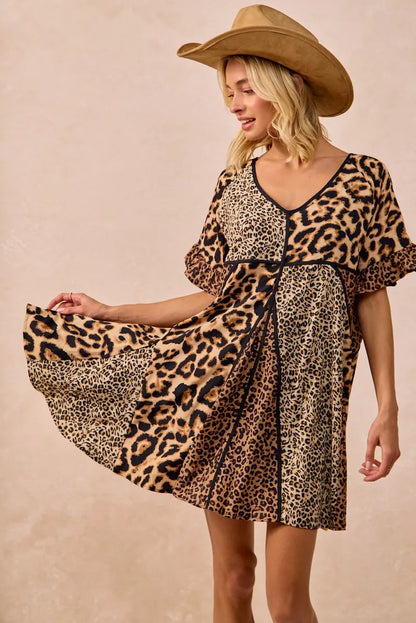 BiBi Leopard Prints Mix and Match Short Sleeves Dress - Tigbul's Variety Fashion Shop