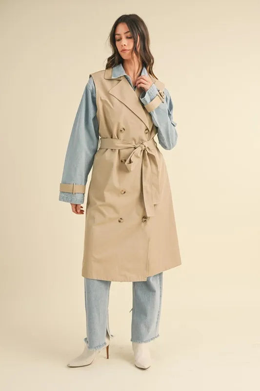 Taupe Layered Look Trench Coat With Denim Jacket - Tigbul's Variety Fashion Shop