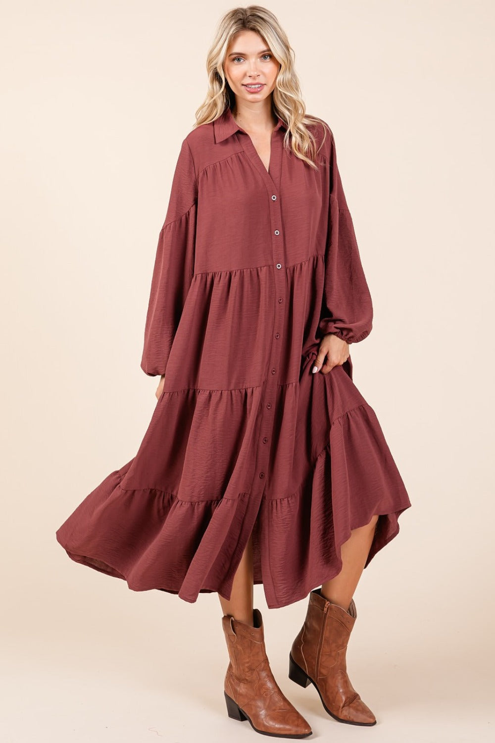 Mittoshop Tiered Button Down Long Sleeve Midi Dress - Tigbul's Variety Fashion Shop