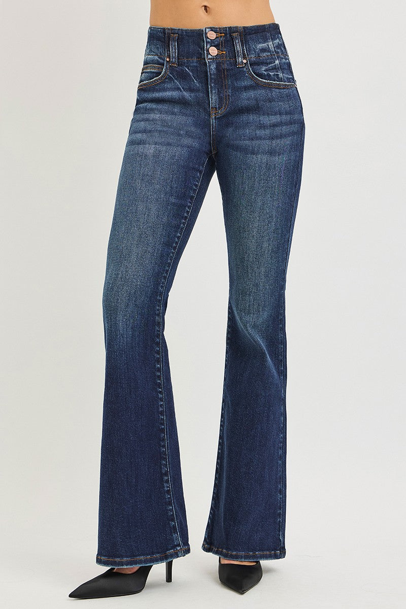 High-rise flare jeans, dark wash denim, seam-detail waistband and front pockets