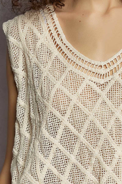 Beige Crochet Tank with Diamond Weave Knit Patterns | Tigbuls