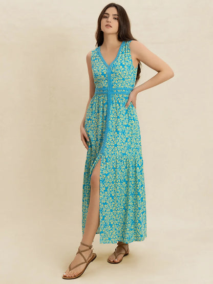 Teal Printed V-Neck Sleeveless Dress - Tigbul's Variety Fashion Shop