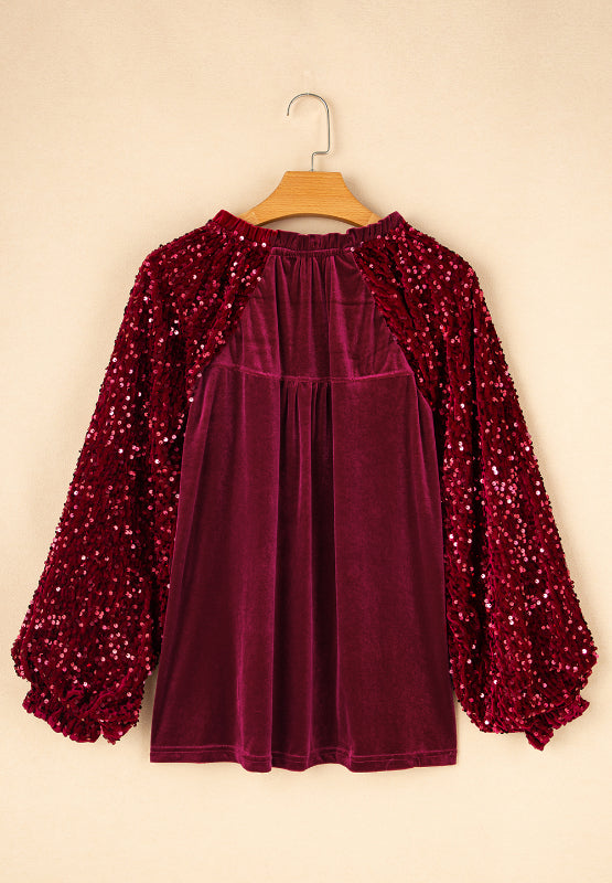 Sequin Notched Long Sleeve Blouse - Tigbul's Variety Fashion Shop