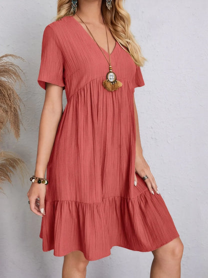 V-Neck Tiered Dress with Flutter Sleeves - Tigbul's Variety Fashion Shop