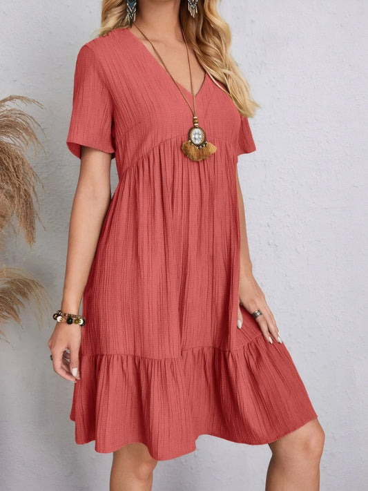 V-Neck Tiered Dress with Flutter Sleeves - Tigbul's Variety Fashion Shop