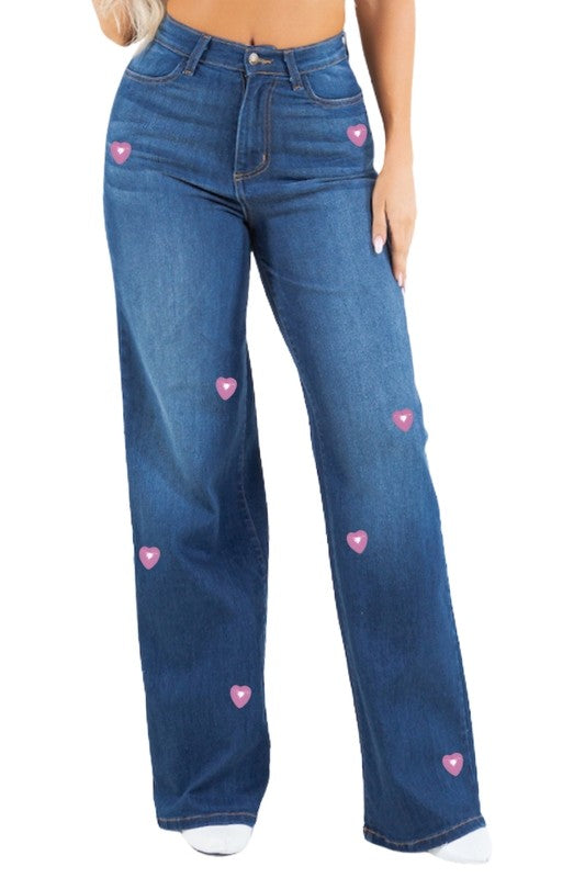 Heart Stud Wide Leg Jean - Tigbul's Variety Fashion Shop