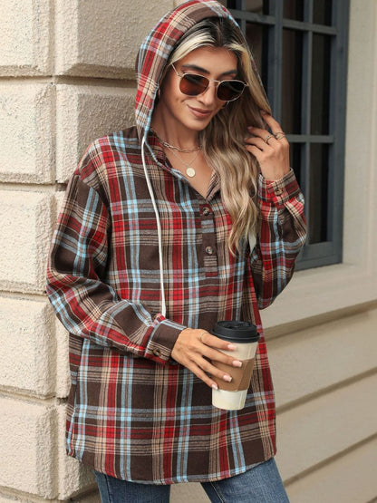 Drawstring Plaid Hooded Long Sleeve Top - Tigbul's Variety Fashion Shop