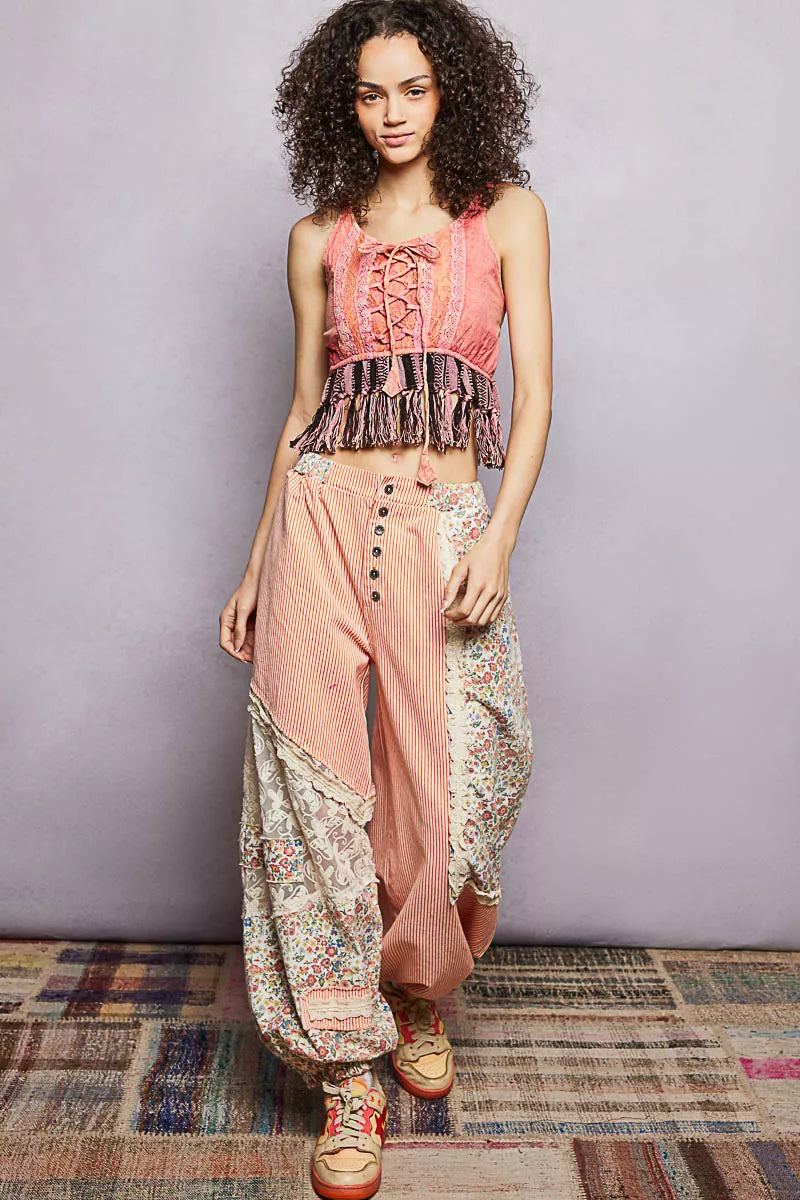 Trendsi pink lace-up fringe tank top with lace yoke and tassel trim