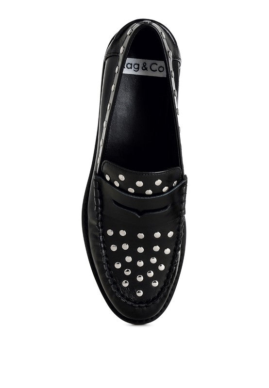 Oglavia Stud Embellished Black Genuine Leather Loafers - Tigbul's Variety Fashion Shop