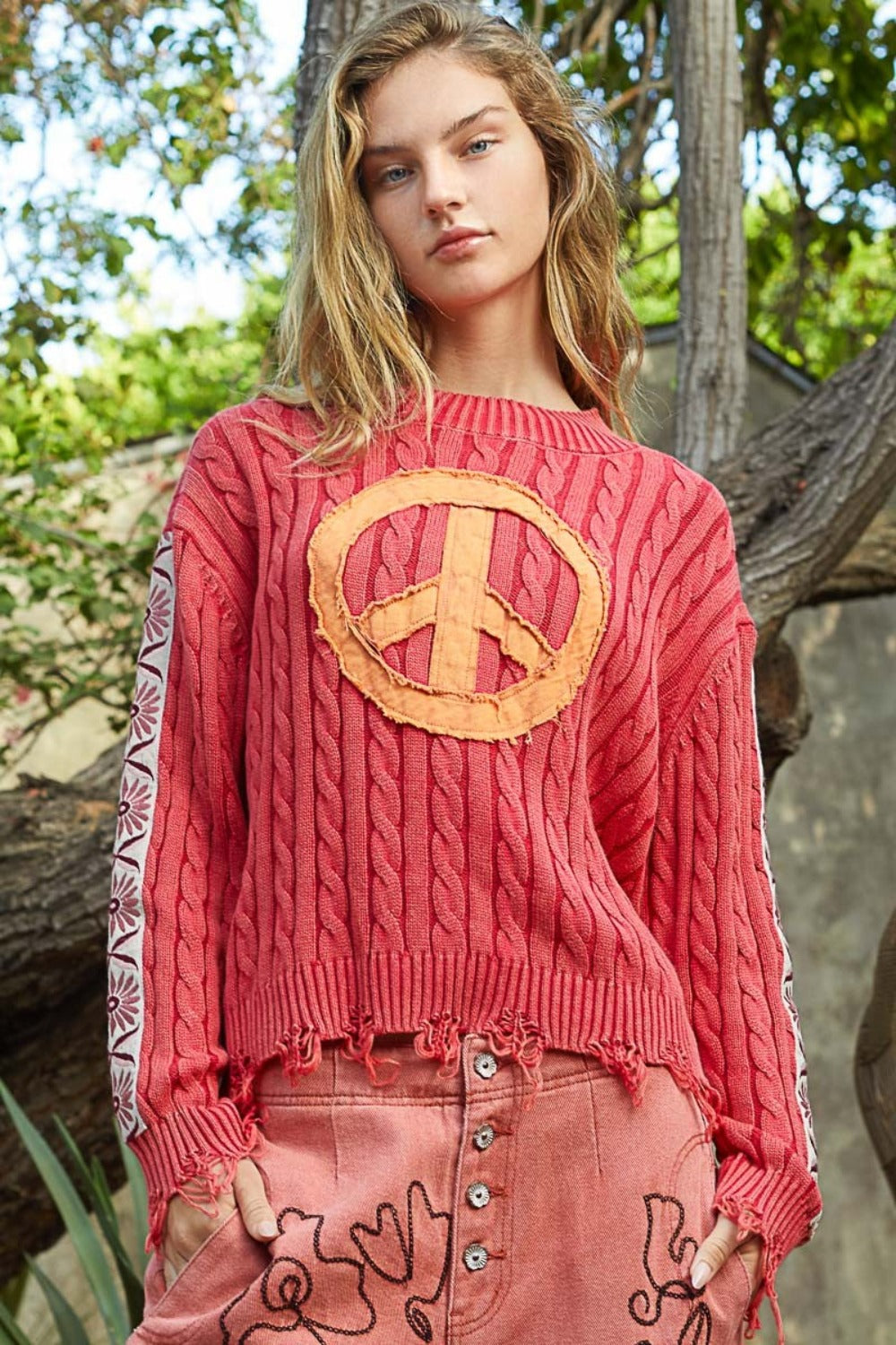 POL Washed Peace Patch Cable Knit Sweater - Tigbul's Variety Fashion Shop