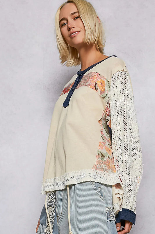 POL Button Detail Floral Patchwork Crochet Sleeve Blouse - Tigbul's Variety Fashion Shop