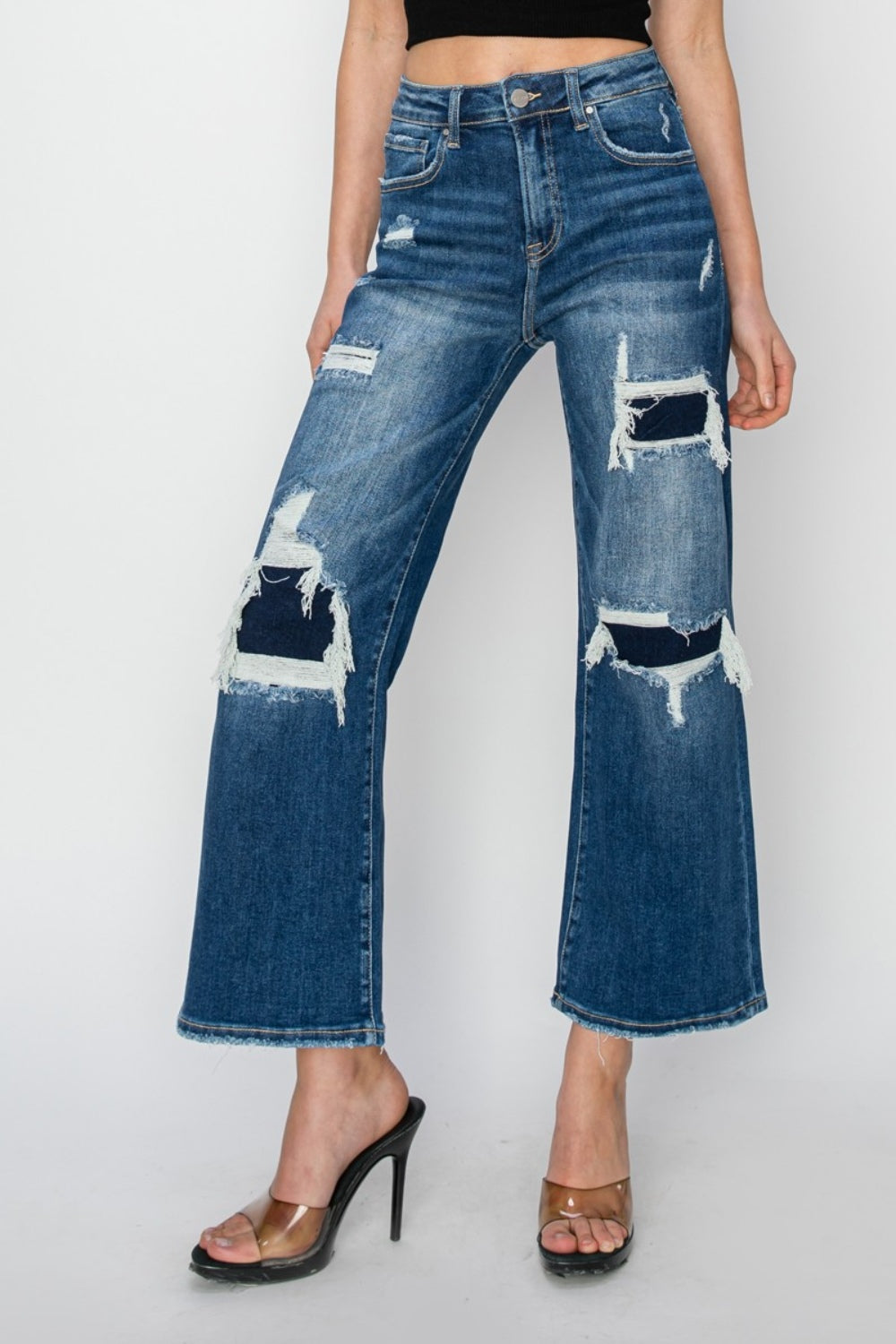 Risen Full Size High Rise Patch Detailed Wide Leg Crop Jeans - Tigbul's Variety Fashion Shop