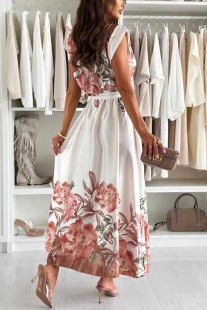 Floral Print Cap Sleeve Dress with Belt - Tigbul's Variety Fashion Shop