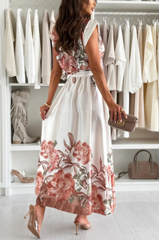 Floral Print Cap Sleeve Dress with Belt - Tigbul's Variety Fashion Shop