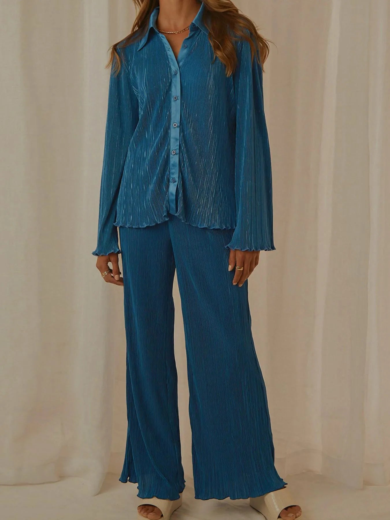 Button Up Long Sleeve Top and Pants Set - Tigbul's Variety Fashion Shop