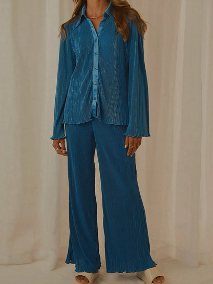 Button Up Long Sleeve Top and Pants Set - Tigbul's Variety Fashion Shop