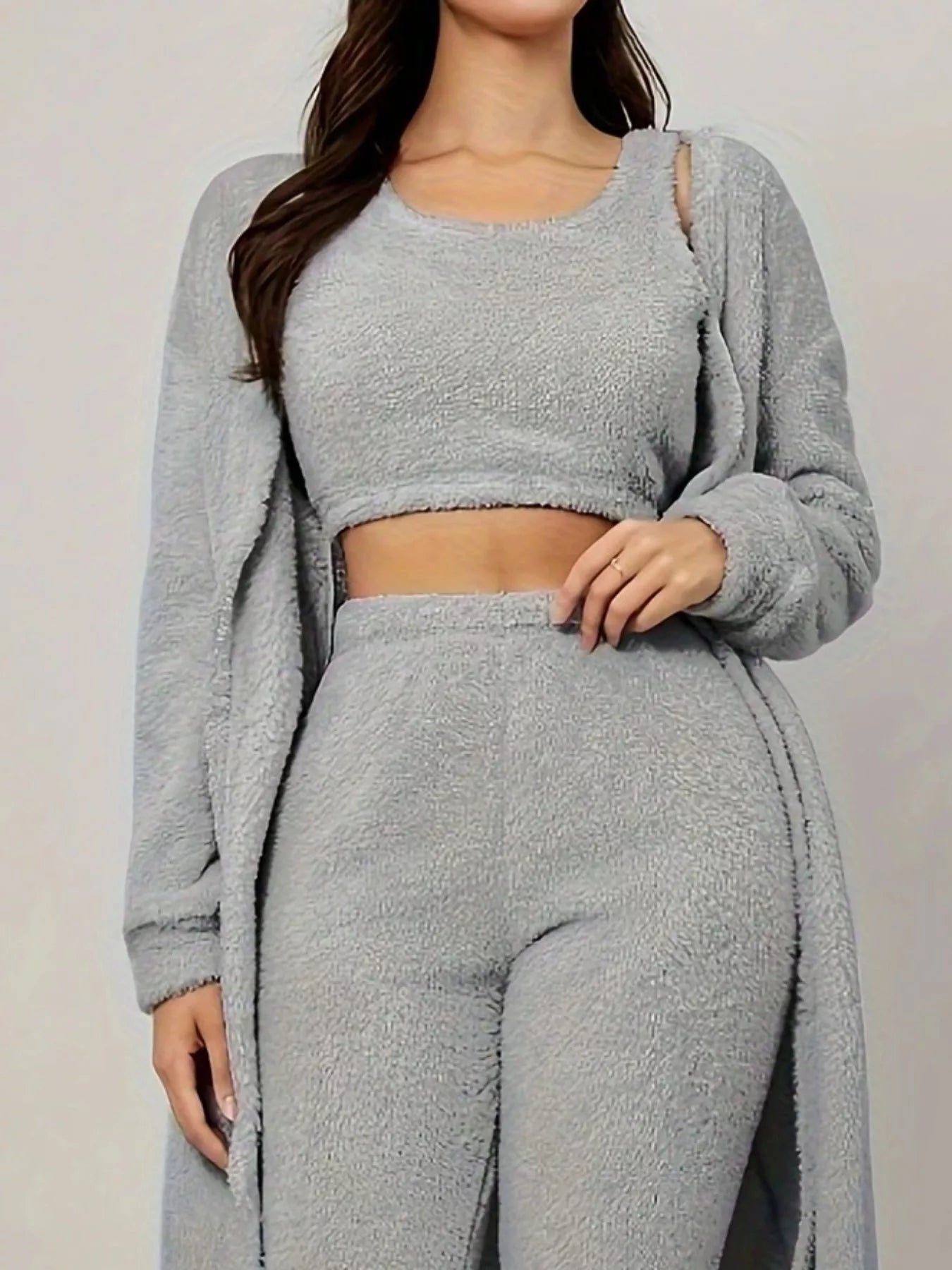 Fuzzy Tank Long Sleeve Cardigan and Pants 3-Piece Lounge Set - Tigbul's Variety Fashion Shop