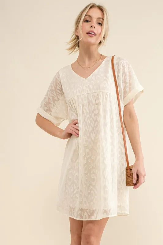 Woven Leopard Baby Doll Roll-Sleeve Casual White Dress - Tigbul's Variety Fashion Shop