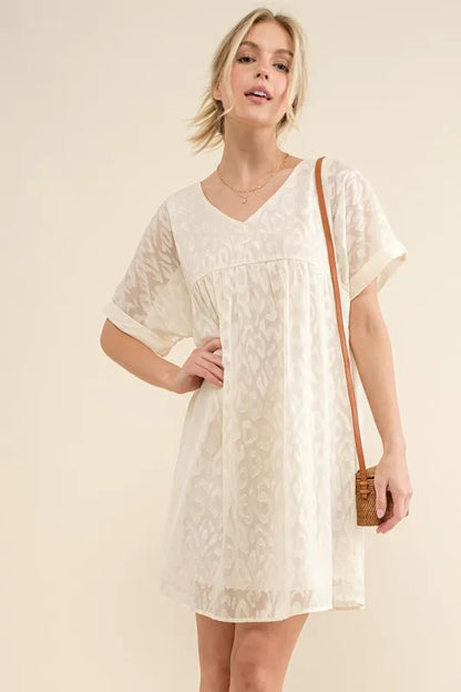 Woven Leopard Baby Doll Roll-Sleeve Casual White Dress - Tigbul's Variety Fashion Shop