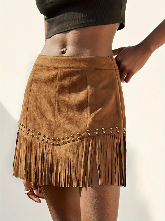 Studded Fringe Mini Skirt - Tigbul's Variety Fashion Shop