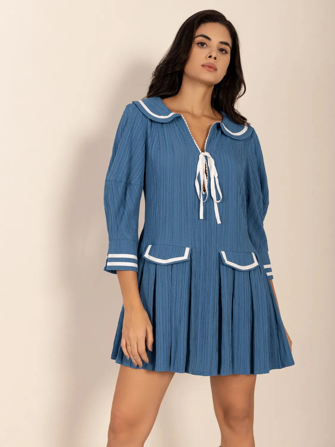 Tie Front Pleated Three-Quarter Sleeve Blue Mini Dress - Tigbul's Variety Fashion Shop