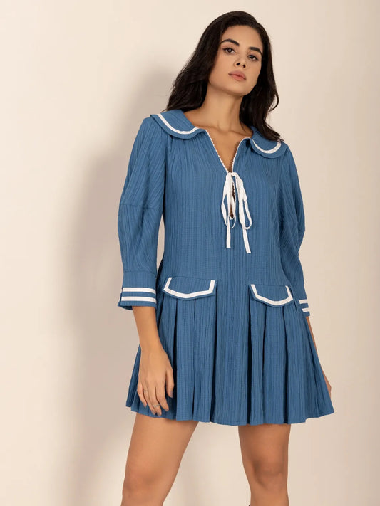 Tie Front Pleated Three-Quarter Sleeve Blue Mini Dress - Tigbul's Variety Fashion Shop