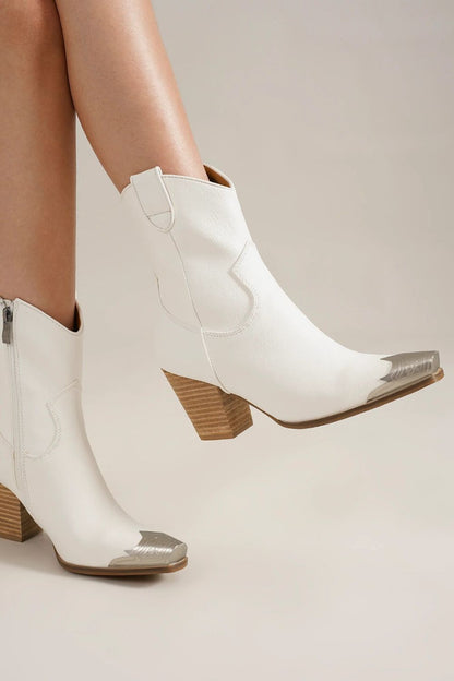 White Faux Leather Block Heel Boots with Side Zippers | Tigbuls