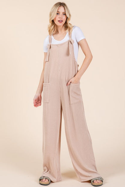 BOMBOM Knot Straps Wide Leg Ribbed Overalls with Pockets - Tigbul's Variety Fashion Shop